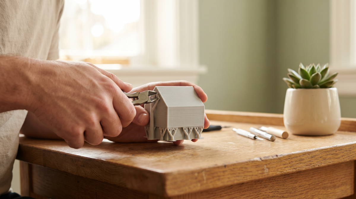Hands in frame only, using flush cutters to remove support material from a small 3D print on a workbench