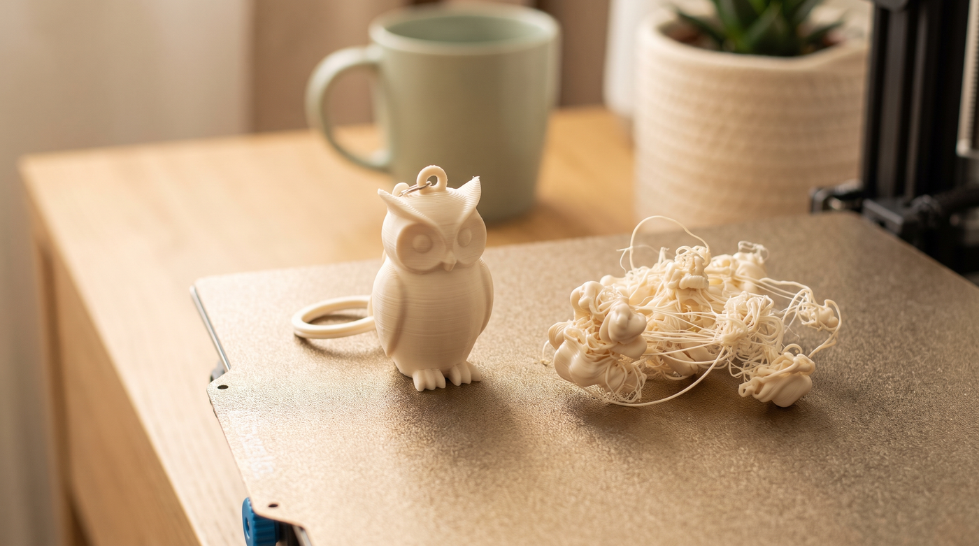 A tiny 3D printed keychain sitting on a printer bed next to a failed stringy blobby version of the same part, close macro comparison