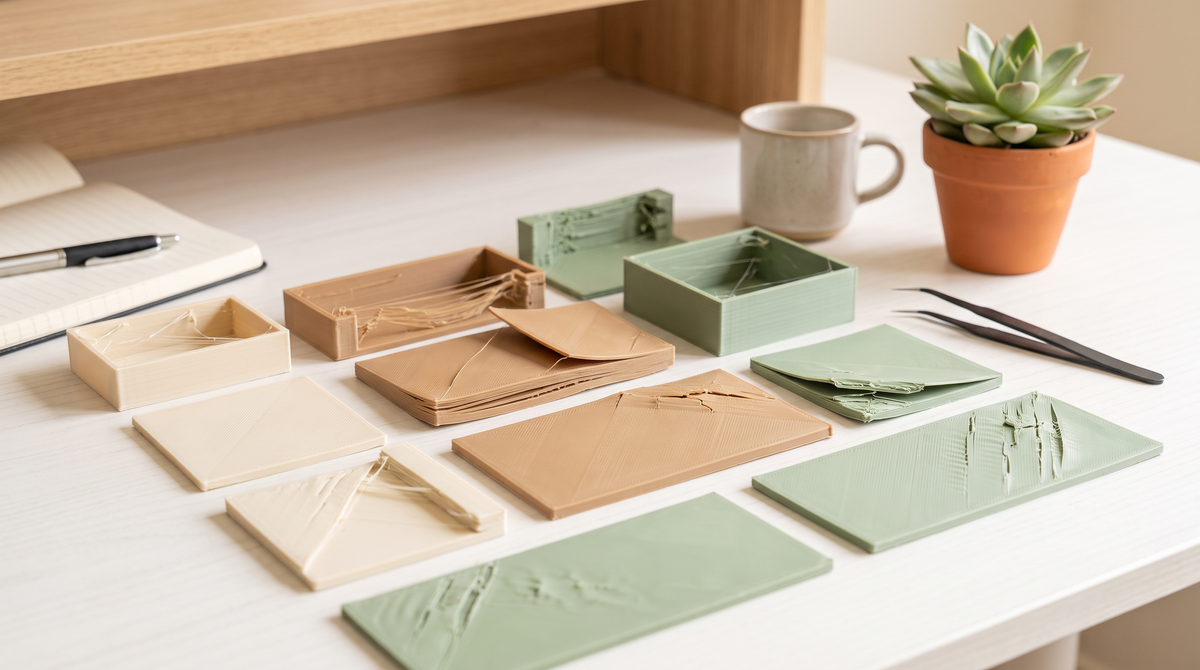 A tidy flat lay of several failed 3D prints arranged like a diagnostic chart on a white desk