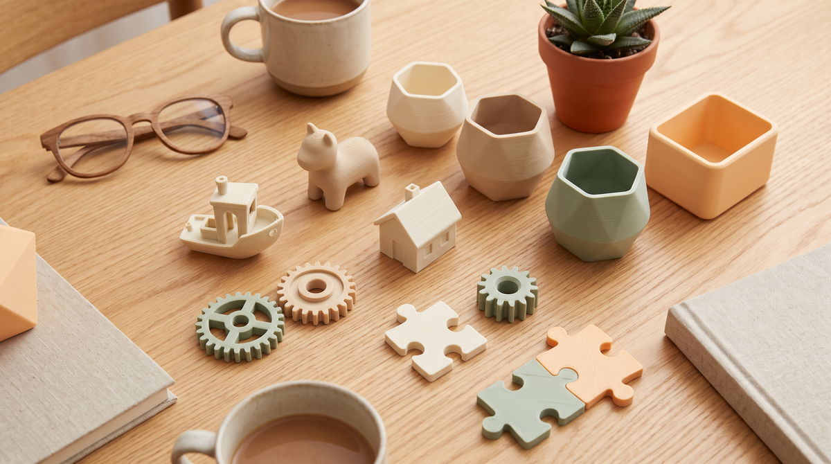 A warm year-in-review flat lay of many small 3D printed items collected together on a wooden table