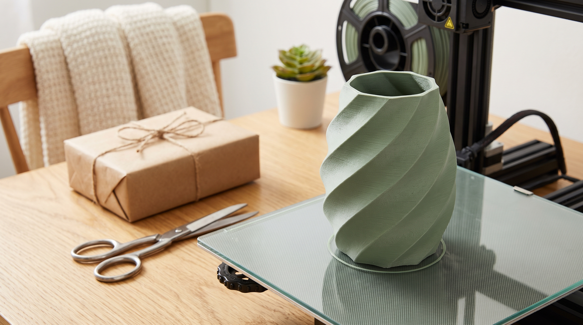 A fast simple 3D printed gift item fresh off the bed beside a wrapped box and scissors