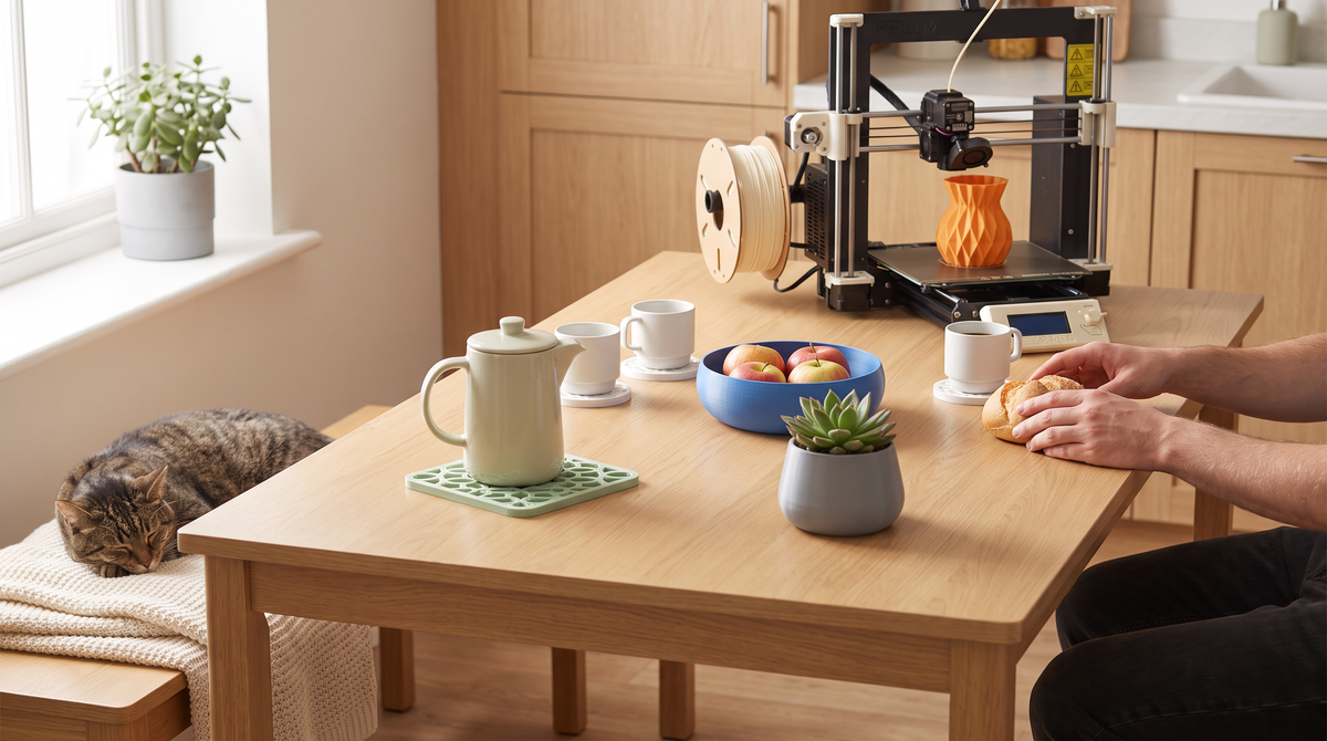 A family kitchen table with a 3D printer at one end and printed household items in use around it