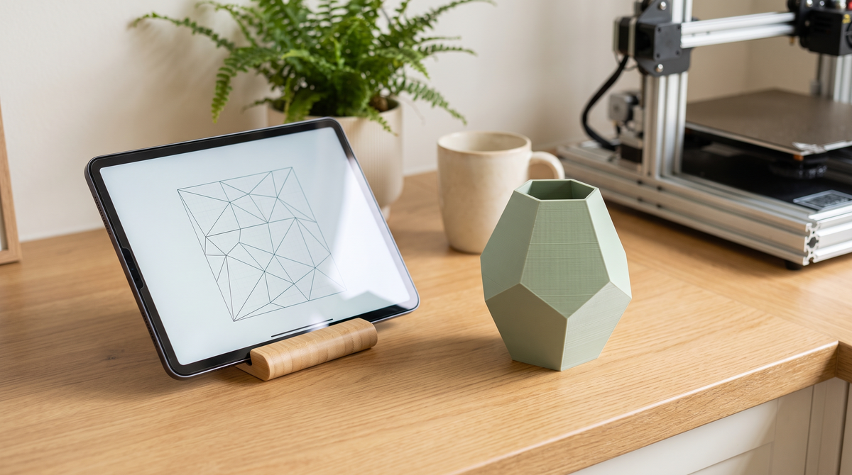 A tablet propped on a kitchen counter showing an abstract slicing software layout, printed part beside it