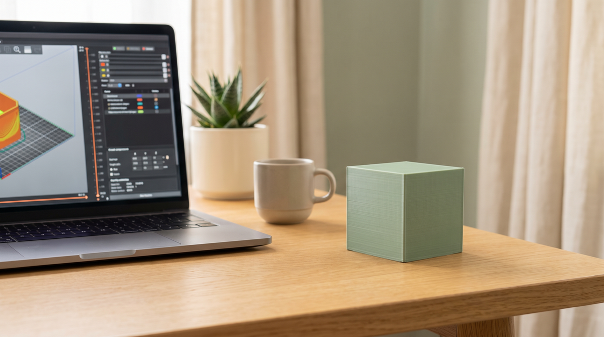 A laptop screen showing an abstract slicer interface with sliders, beside a printed calibration cube