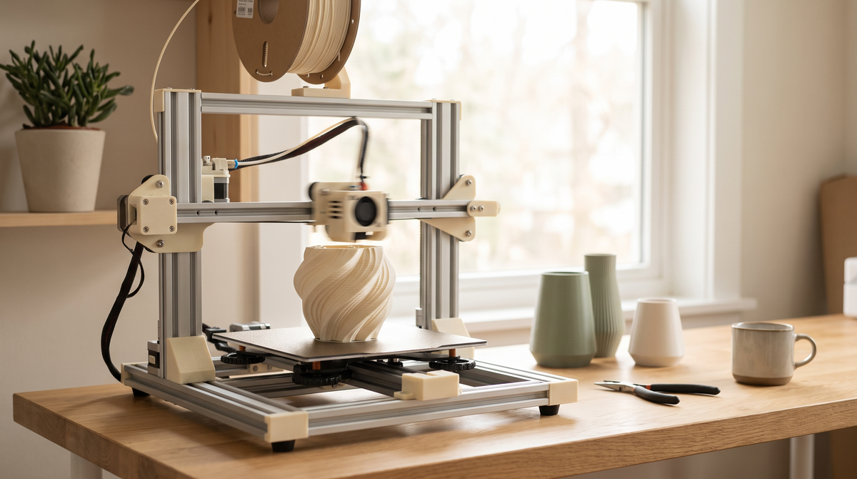 A 3D printer printing very slowly, motion blur on the moving gantry, fine detailed part forming