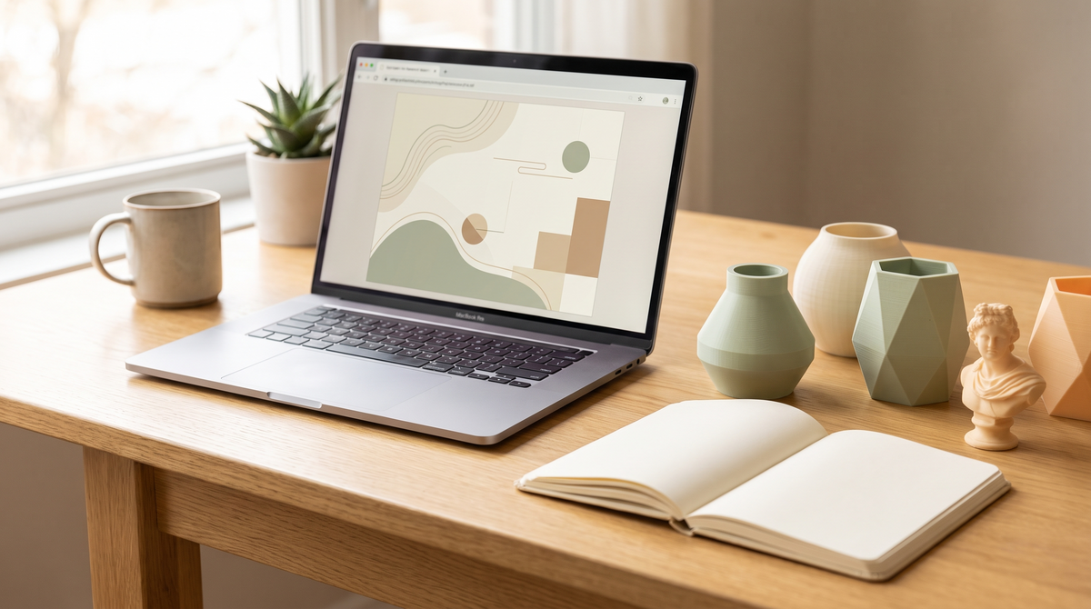 A laptop showing an abstract license document beside 3D printed products and a notebook on a desk