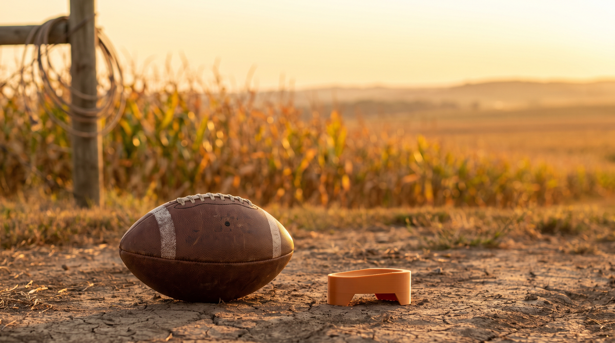 A golden Nebraska cornfield at sunset with a football resting in the foreground on the dirt