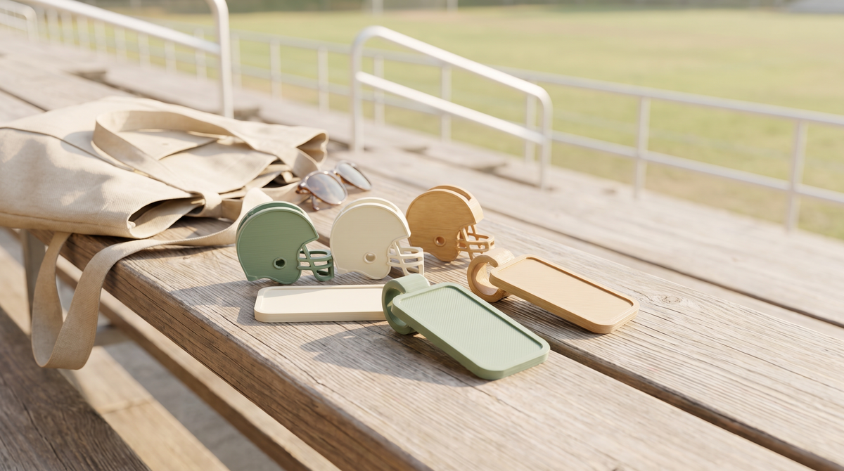 3D printed team-color sideline accessories, clips and tags, on stadium bleachers on a sunny game day