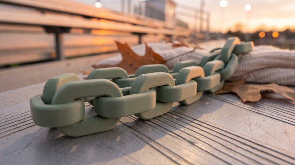 A 3D printed wristlet strap made of interlocking printed plastic links, resting on cold aluminum bleacher seating at dusk under stadium lights