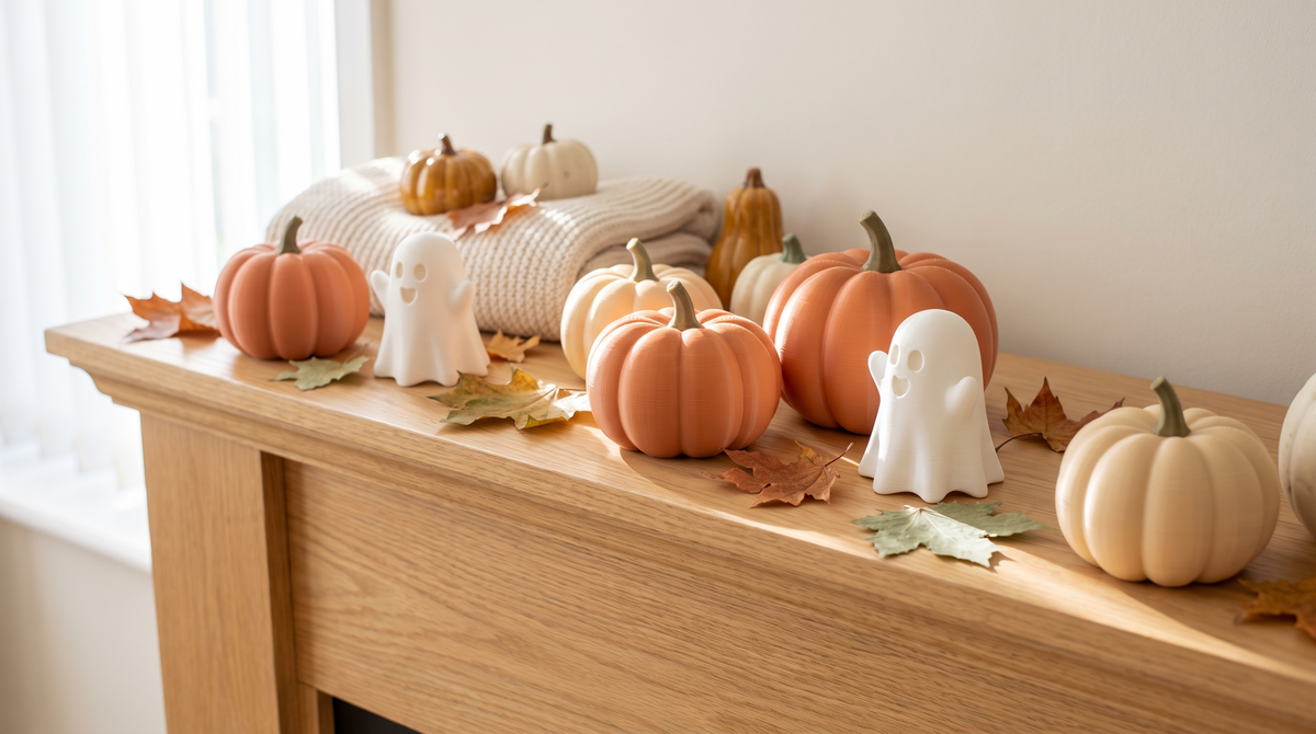 Cheerful 3D printed Halloween decorations, pumpkins and ghosts, arranged on a mantel with autumn leaves