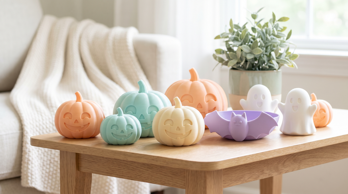 Friendly non-scary 3D printed Halloween decor, smiling pumpkins in pastel colors, toddler-safe, on a low table