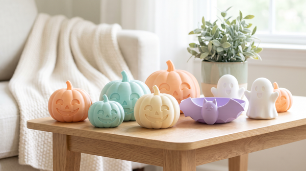 Friendly non-scary 3D printed Halloween decor, smiling pumpkins in pastel colors, toddler-safe, on a low table