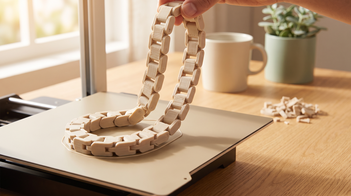 A 3D printed articulated chain bracelet lifted straight off the print bed, links already moving