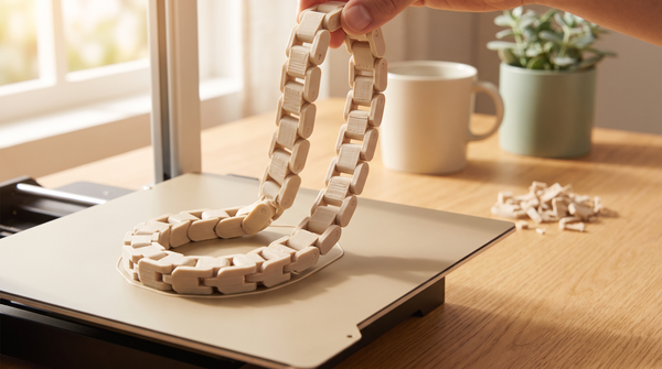 A 3D printed articulated chain bracelet lifted straight off the print bed, links already moving