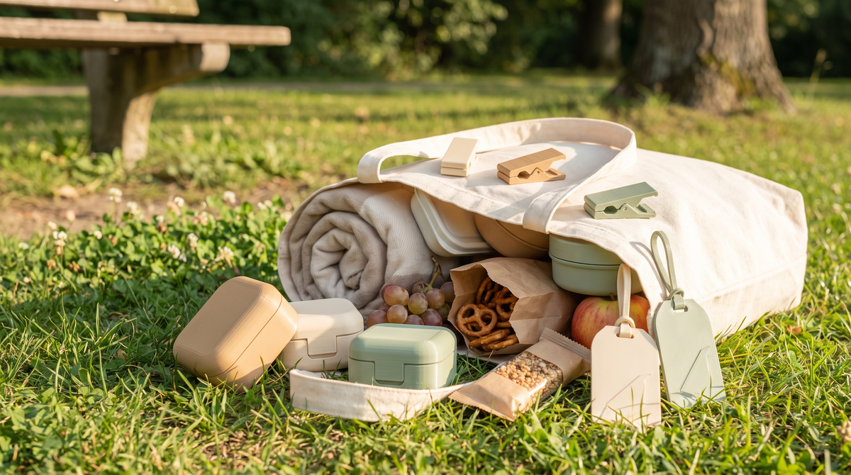 An overstuffed canvas tote bag at a sunny park, snacks and 3D printed clips and tags spilling out onto grass