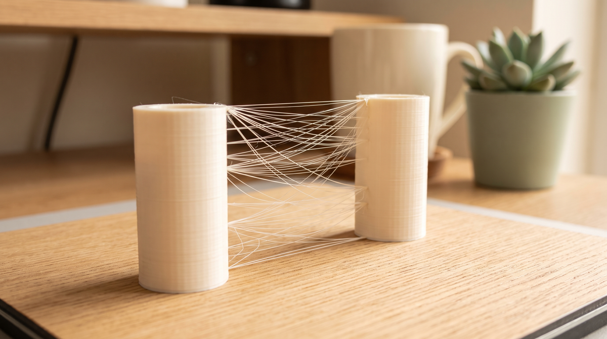 Macro of fine wispy plastic strings between two printed towers on a print bed, defect close-up