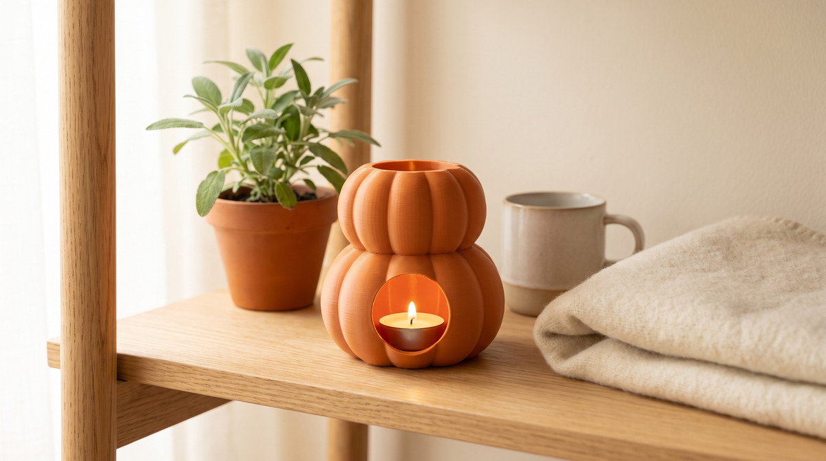 A stacked 3D printed pumpkin candle holder glowing with a warm tealight on a wooden shelf