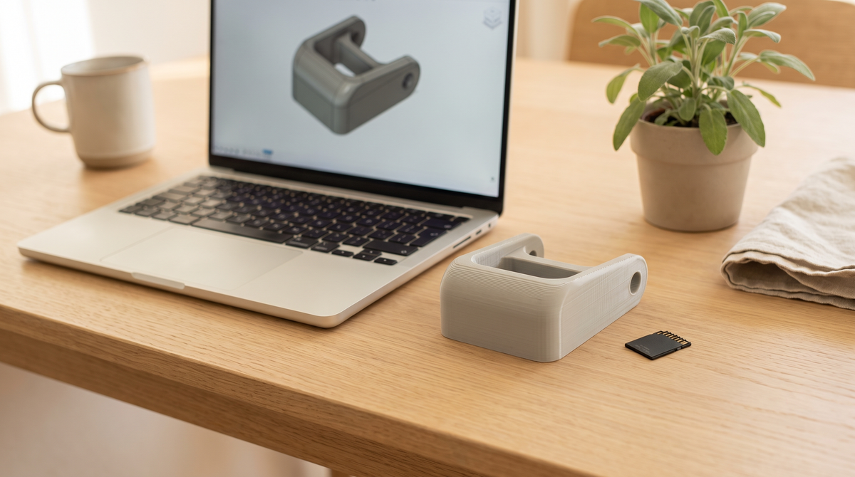 A laptop on a kitchen table showing an abstract 3D model viewport, beside a printed part and an SD card