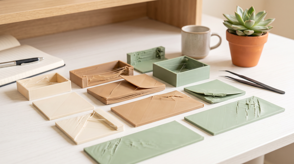 A tidy flat lay of several failed 3D prints arranged like a diagnostic chart on a white desk