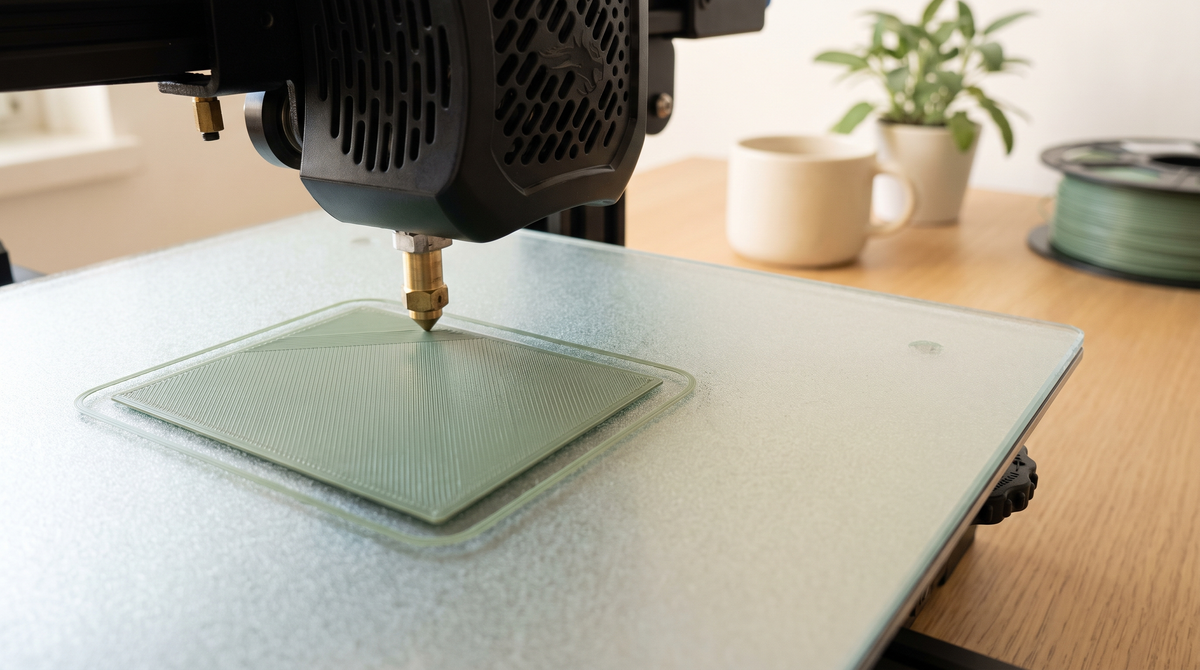 Macro of a 3D printer first layer being laid down on a textured build plate, nozzle in motion