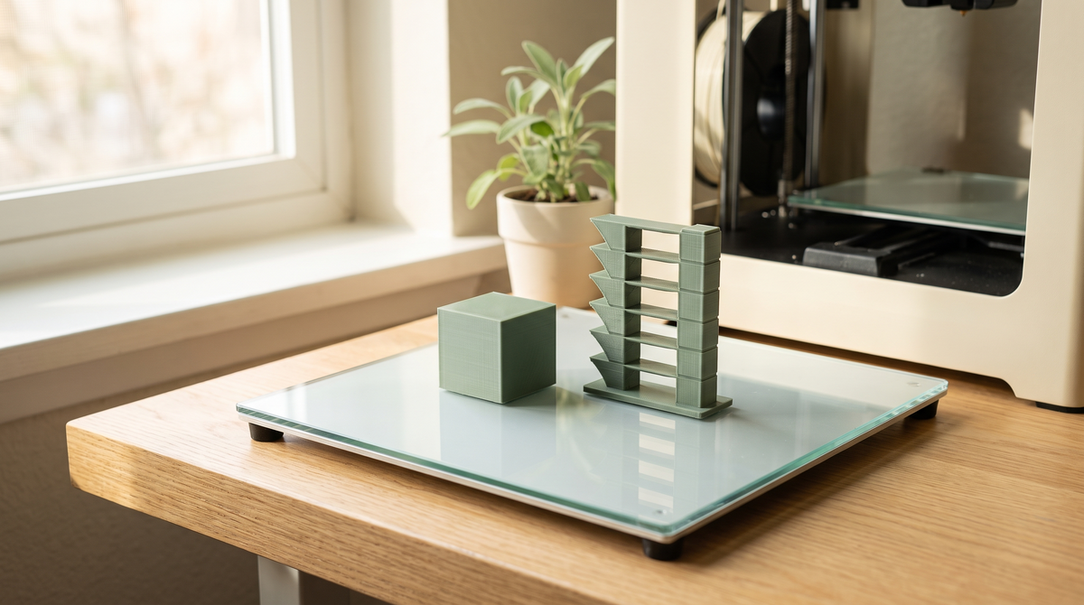 A 3D printed calibration cube and test tower set arranged neatly on a clean print bed