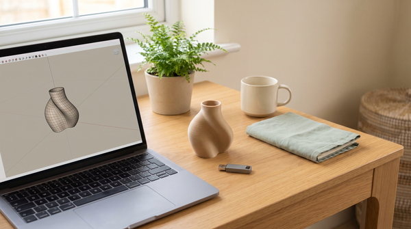 A laptop showing a 3D model file open in an abstract viewport, USB drive and printed sample nearby