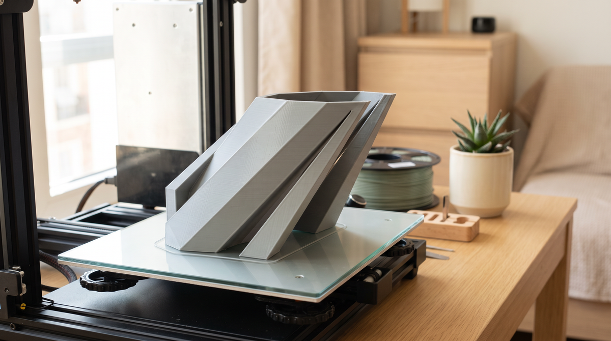 A 3D printed part with clean steep overhangs sitting on a bed with no support material anywhere