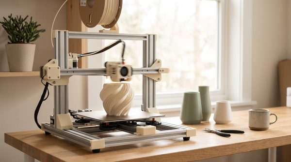 A 3D printer printing very slowly, motion blur on the moving gantry, fine detailed part forming