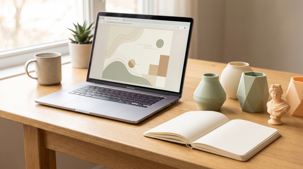 A laptop showing an abstract license document beside 3D printed products and a notebook on a desk
