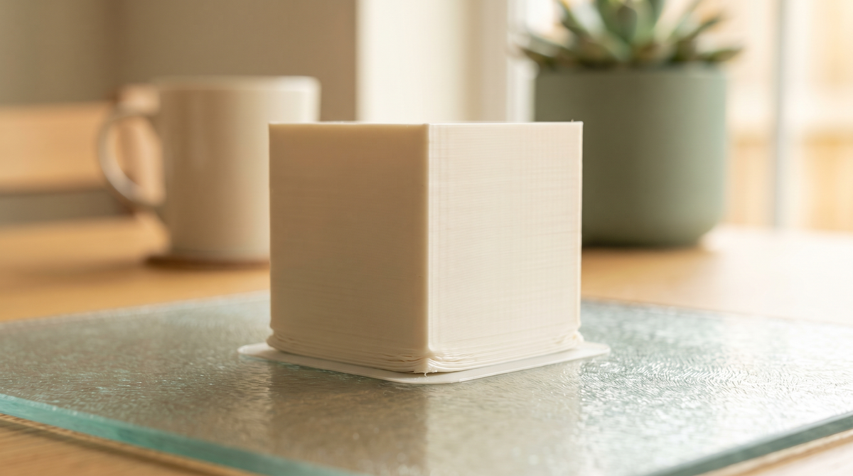 Macro of a printed cube with a slightly bulged squished bottom edge on the build plate