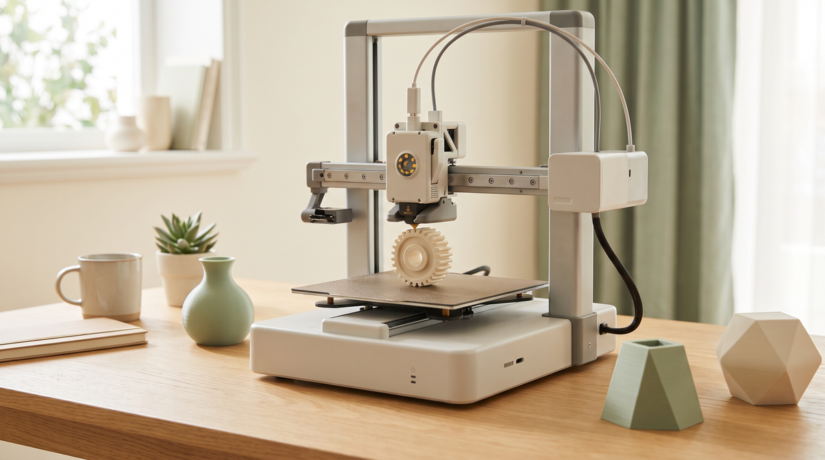 A compact desktop 3D printer printing a small detailed part, clean bright room, close three-quarter view