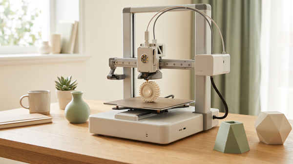 A compact desktop 3D printer printing a small detailed part, clean bright room, close three-quarter view