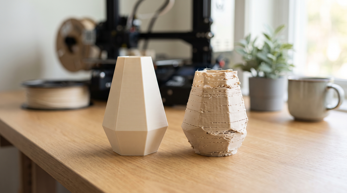 A polished premium 3D print beside a rough poorly made one, direct comparison on a clean surface