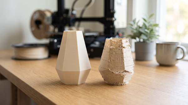 A polished premium 3D print beside a rough poorly made one, direct comparison on a clean surface