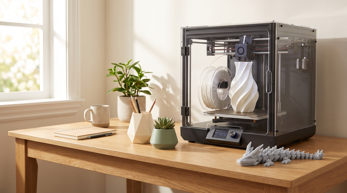 An enclosed desktop 3D printer with a clear door printing a glossy detailed part, bright room