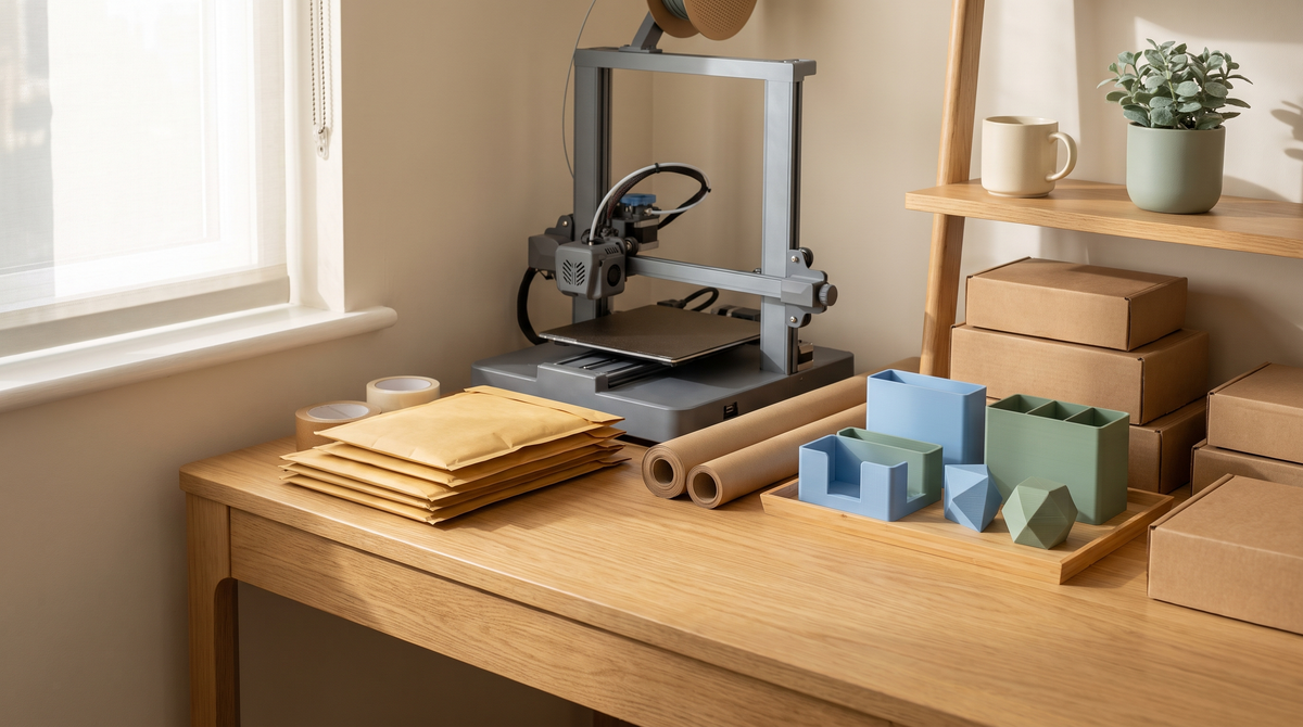 A small home workspace with a 3D printer, packaging supplies, mailer envelopes and printed products ready to ship