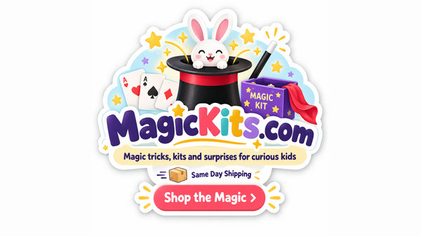 MagicKits.com logo: a bunny in a magician's top hat with playing cards, a magic wand and a purple magic kit box