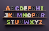 Halloween standing bubble letters A–Z 3D print files, full alphabet on shelves in orange, black, purple, green and bone with raised Halloween icons