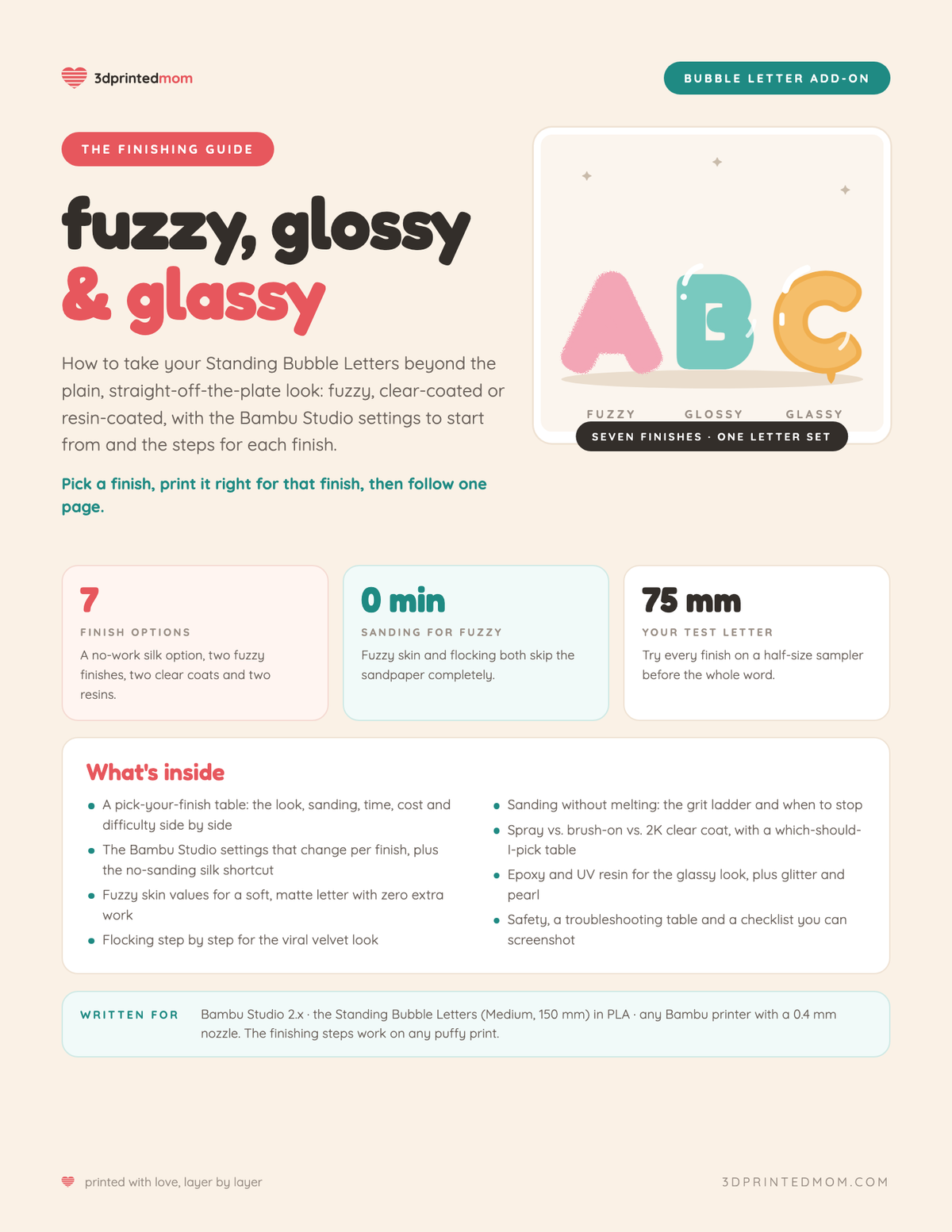 Bubble Letter Finishing Guide: Fuzzy, Glossy & Glassy Finishes for 3D Printed Letters (PDF)